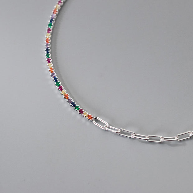 925 Sterling Silver Paper Clip Chain Bracelet with Colorful Diamond Zircon