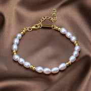 Sterling Silver Freshwater Pearl Bracelet, 925 Sterling Silver Gold-Plated Adjustable Jewelry