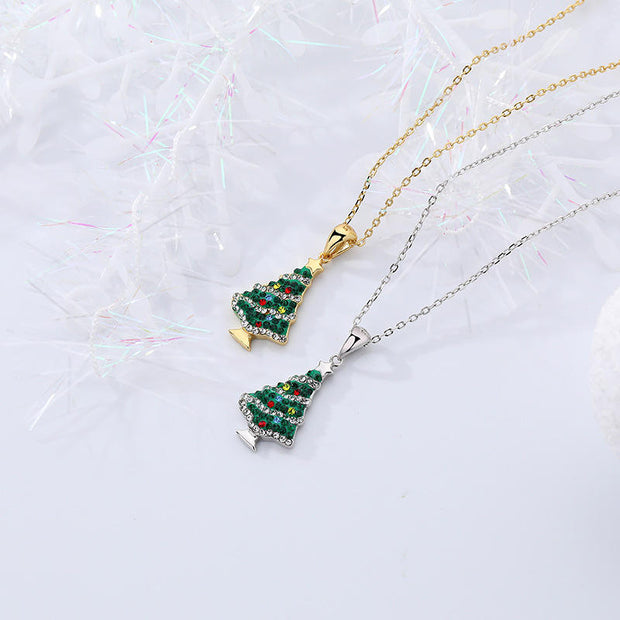 Sparkling Christmas Tree: 925 Sterling Silver Necklace with Gold Plated Chain