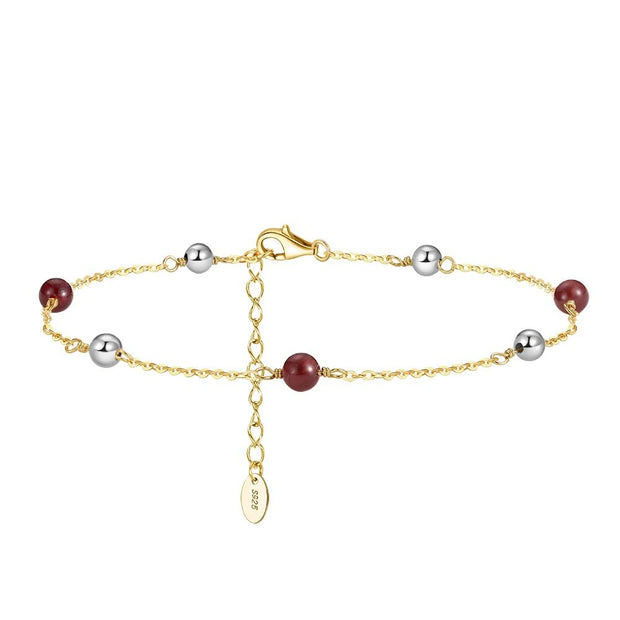 Sterling Silver Gold Chain Bracelet with Natural Red and Silver Stone Beads