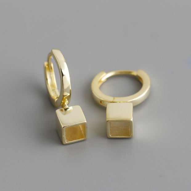 Sterling Silver Square Block Hoop Earrings – Minimalist Gold-Plated Dangles