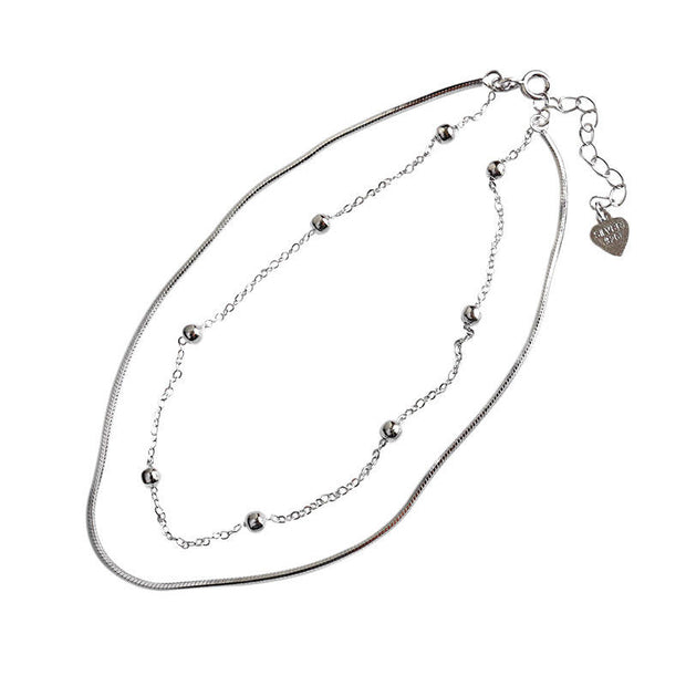 925 Sterling Silver Ball Bead Double Chains Anklets