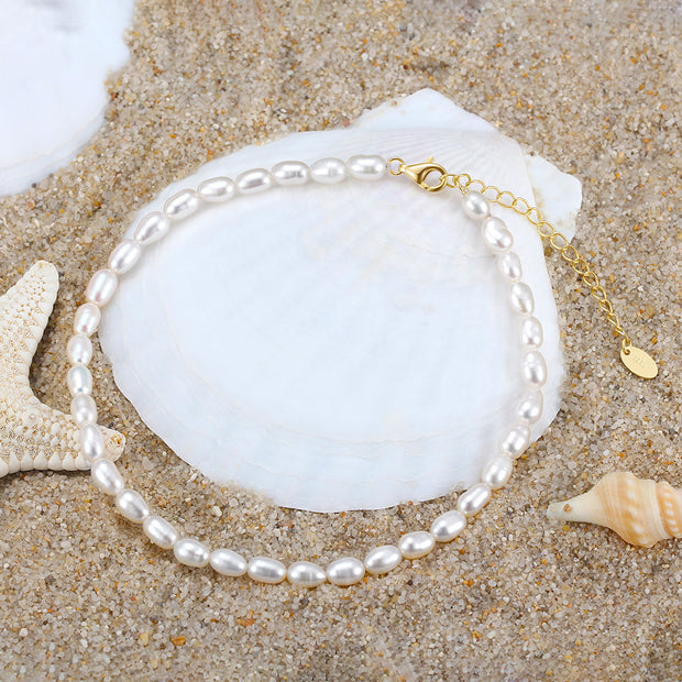 925 Sterling Silver Summer Beach Anklet with Freshwater Pearls