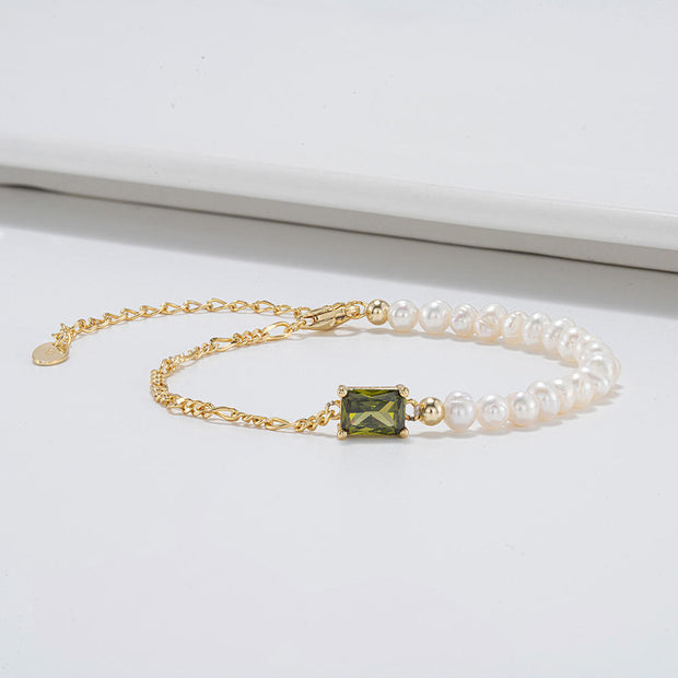 Minimalist 925 Sterling Silver Gold Chain Bracelet with Rectangle Gemstone and White Pearls