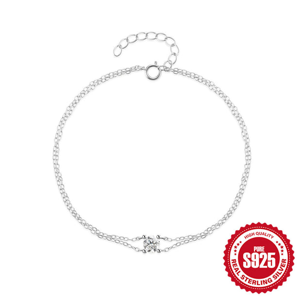 Fine Jewelry 925 Silver Bracelet for Women – Real 925 Sterling Silver Double Layered Solitaire Charm Bracelet