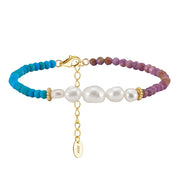 925 Sterling Silver Bracelet with Natural Freshwater Pearl, Turquoise, and Purple Stone