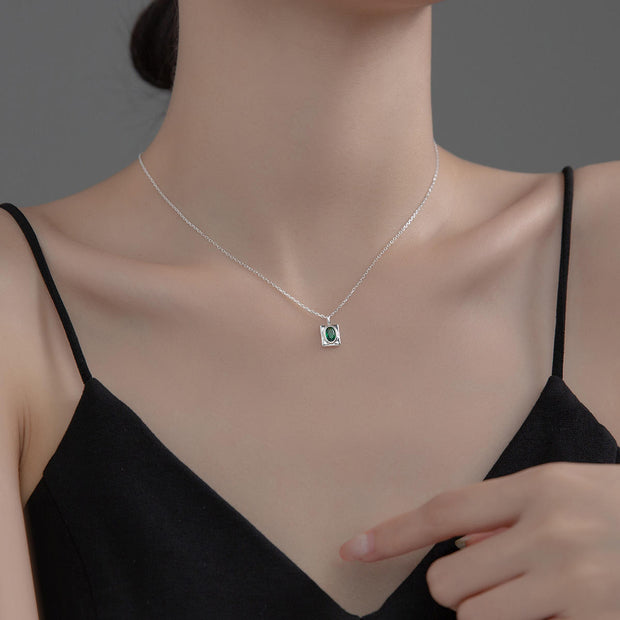 Emerald Glow: 925 Silver Rectangular Green Oval Zircon Pendant Necklace