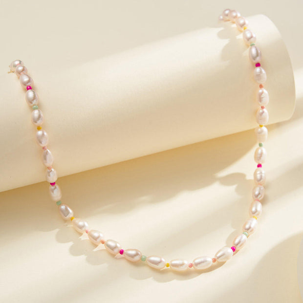 925 Sterling Silver Natural Freshwater Pearl Gold Plated Necklace with Color Bead Ball Jewelry