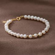 925 Sterling Silver Bracelet with Natural Pearls and Gold-Plated Round Beads