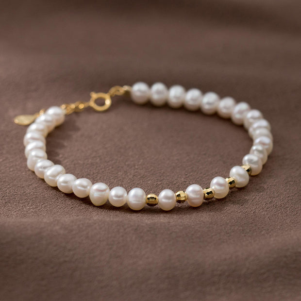 925 Sterling Silver Bracelet with Natural Pearls and Gold-Plated Round Beads