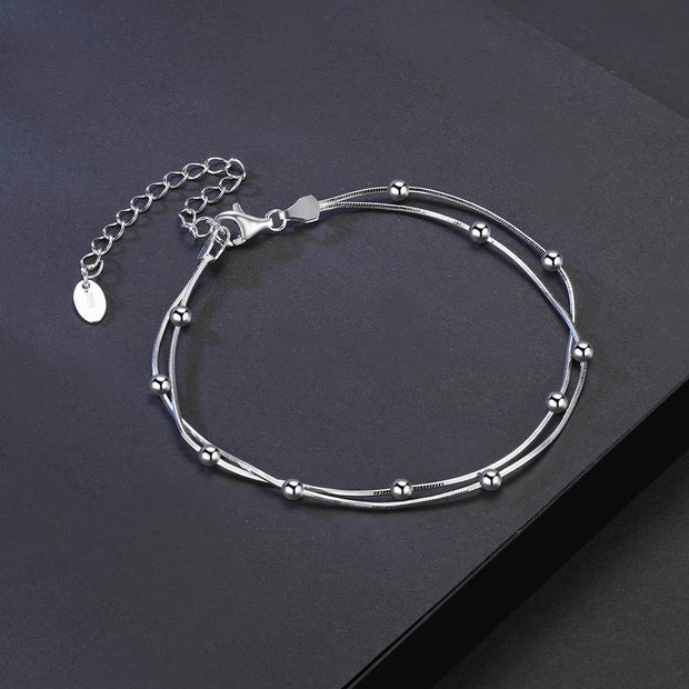 925 Sterling Silver Double-Layer Beaded Chain Bracelet