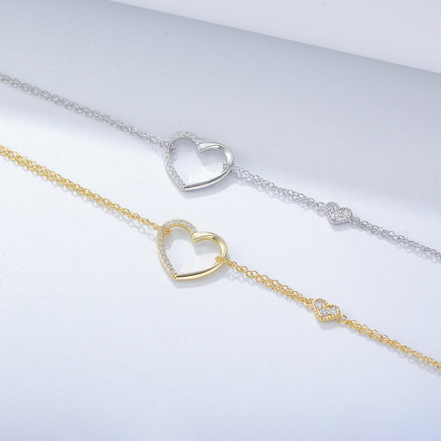 925 Sterling Silver Hollow Love Heart Zircon Double Chain Gold Plated Bracelet