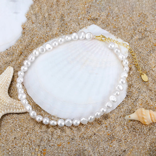 925 Sterling Silver Beach Anklet with White Freshwater Pearls