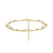 Sterling Silver Double Chain Bracelet with Freshwater Pearl and Gold-Plated Beads,