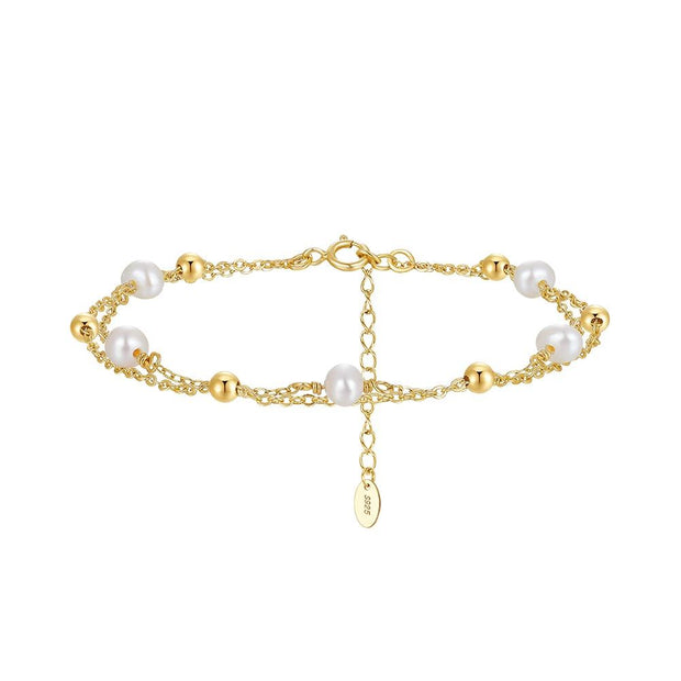 Sterling Silver Double Chain Bracelet with Freshwater Pearl and Gold-Plated Beads,