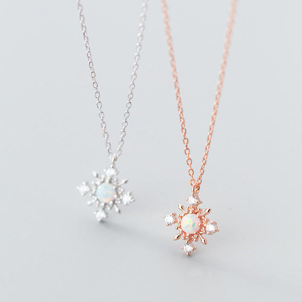 Frosted Elegance: 925 Sterling Silver Snowflake Opal Pendant Necklace