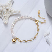 925 Sterling Silver Natural Freshwater Pearl Link Chain Bracelet with Heart Pendant