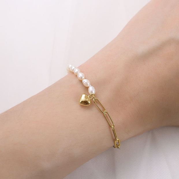 925 Sterling Silver Natural Freshwater Pearl Link Chain Bracelet with Heart Pendant