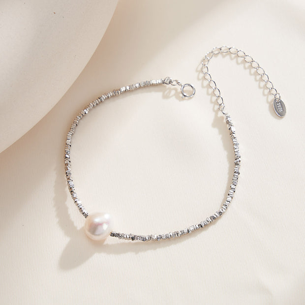 925 Sterling Silver Natural Freshwater Pearl Shiny Chain Bracelet