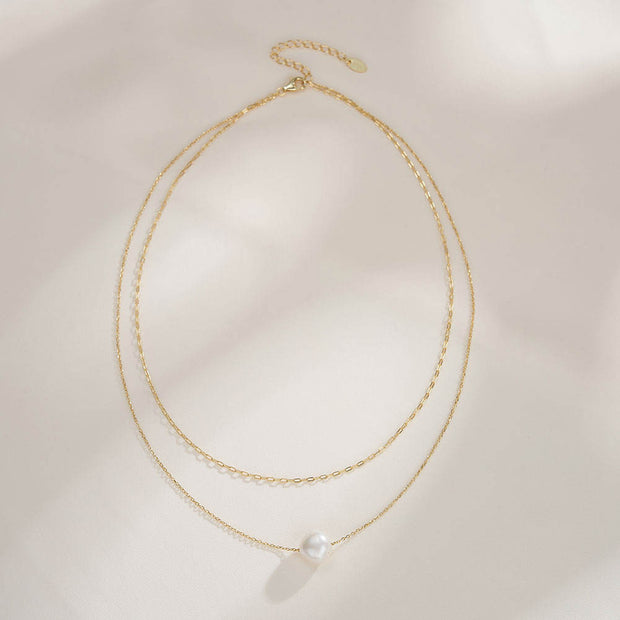 925 Sterling Silver Double Layer Natural Freshwater Pearl Gold Plated Chain Necklace