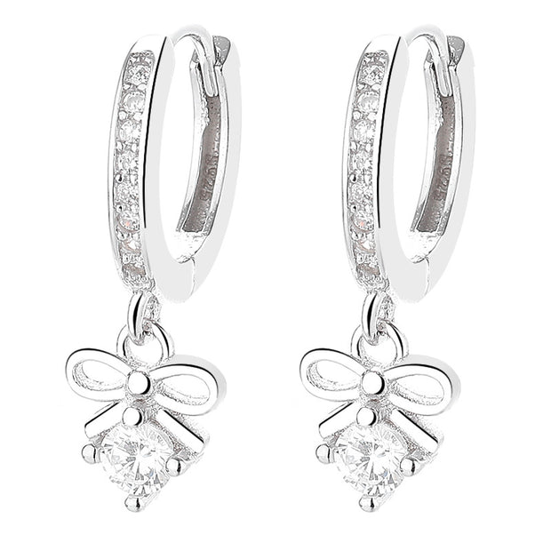 Sterling Silver Bow Knot Bowknot Drop Diamond Gold Plated Hoop Earrings