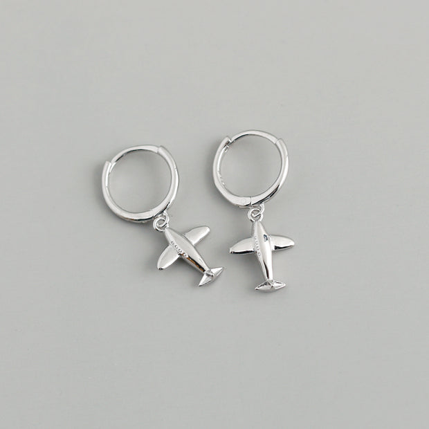 Sterling Silver 18K Gold Plated Airplane Pendant Hoop Earrings