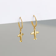 Sterling Silver 18K Gold Plated Airplane Pendant Hoop Earrings