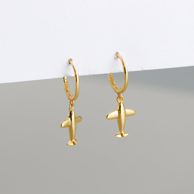 Sterling Silver 18K Gold Plated Airplane Pendant Hoop Earrings