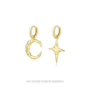 Sterling Silver Moon And Star Drop Hoop Gold Plated Earrings