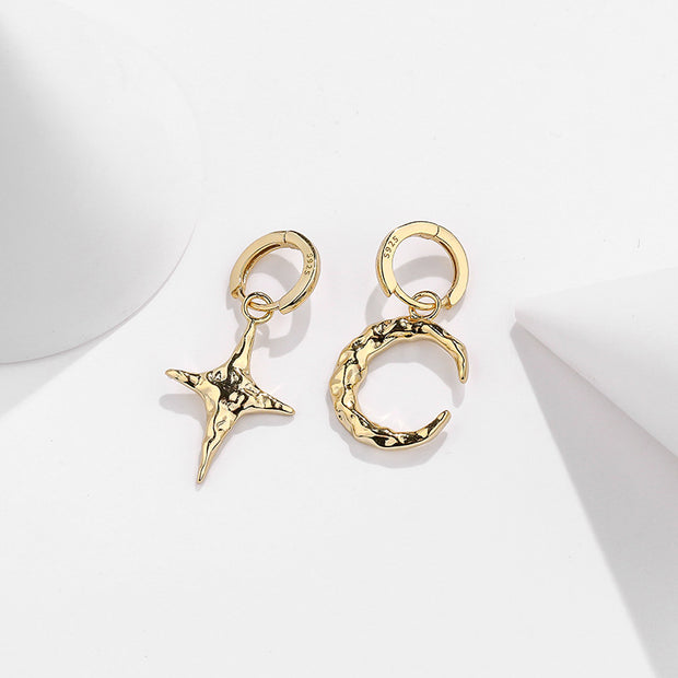 Sterling Silver Moon And Star Drop Hoop Gold Plated Earrings