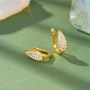 Geometric Leaf-Shaped Full Diamond Gold-Plated Sterling Silver Hoop Earrings