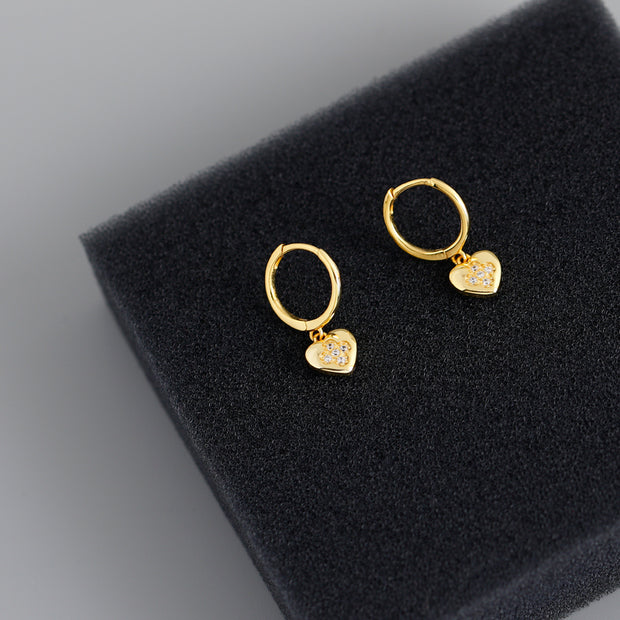 Sterling Silver Heart With Small Zirconia Diamond Gold Plated Hoop Earrings