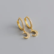 Sterling Silver INS Small Cz Diamond Moon Shape Gold Plated Hoop Earrings