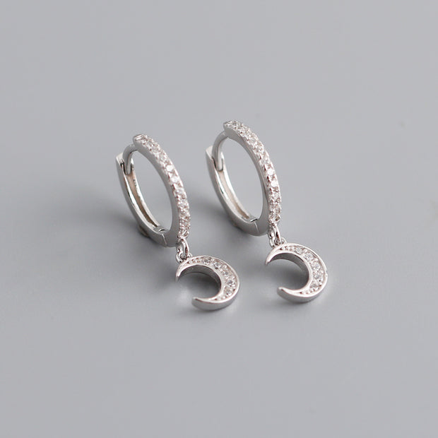 Sterling Silver INS Small Cz Diamond Moon Shape Gold Plated Hoop Earrings