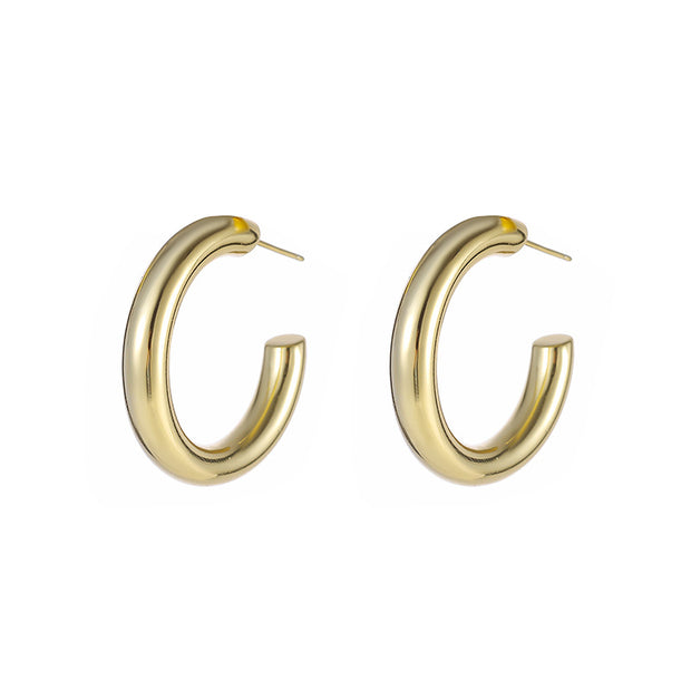 Sterling Silver Big Heavy Chic Punk C Shaped Gold Plated Hoop Earrings