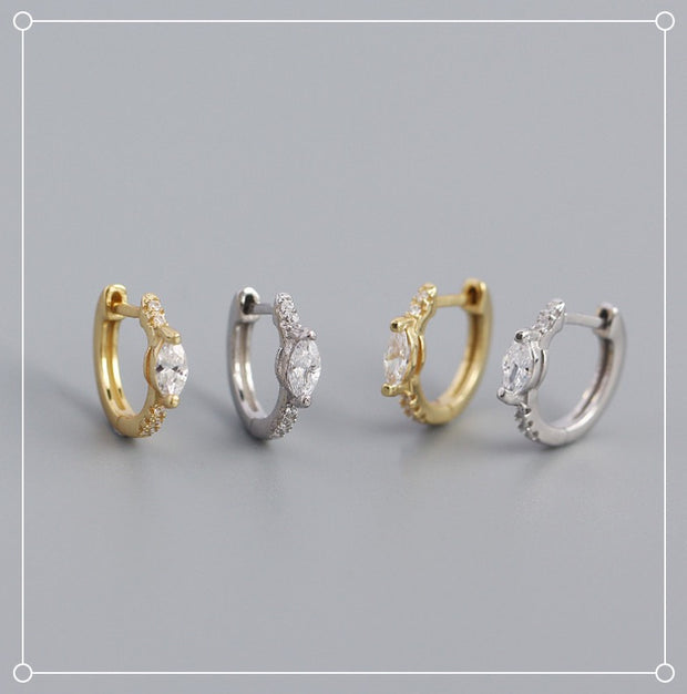 Sterling Silver INS Minimalist Small Shiny Marquise Shape With Cz Gold Plated Hoop Earrings