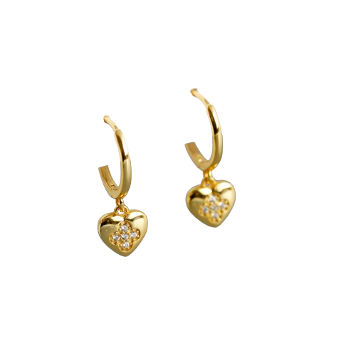 Sterling Silver Heart With Small Zirconia Diamond Gold Plated Hoop Earrings