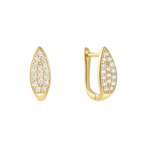 Geometric Leaf-Shaped Full Diamond Gold-Plated Sterling Silver Hoop Earrings