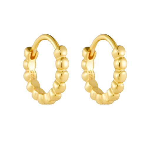 Geometric Round Bead-Shaped Gold-Plated Sterling Silver Hoop Earrings