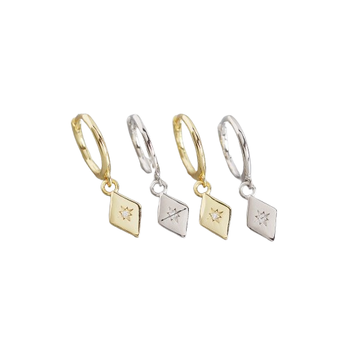 Sterling Silver Hoop Gold Plated Rhombus Pendant Set Star Diamond Earrings