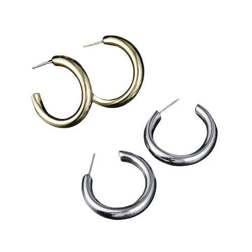 Sterling Silver Big Heavy Chic Punk C Shaped Gold Plated Hoop Earrings