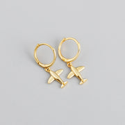 Sterling Silver 18K Gold Plated Airplane Pendant Hoop Earrings