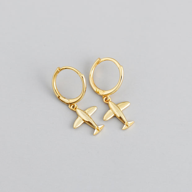 Sterling Silver 18K Gold Plated Airplane Pendant Hoop Earrings