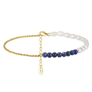 925 Sterling Silver Gold-Plated Minimalist Lapis Lazuli and Pearl Anklet