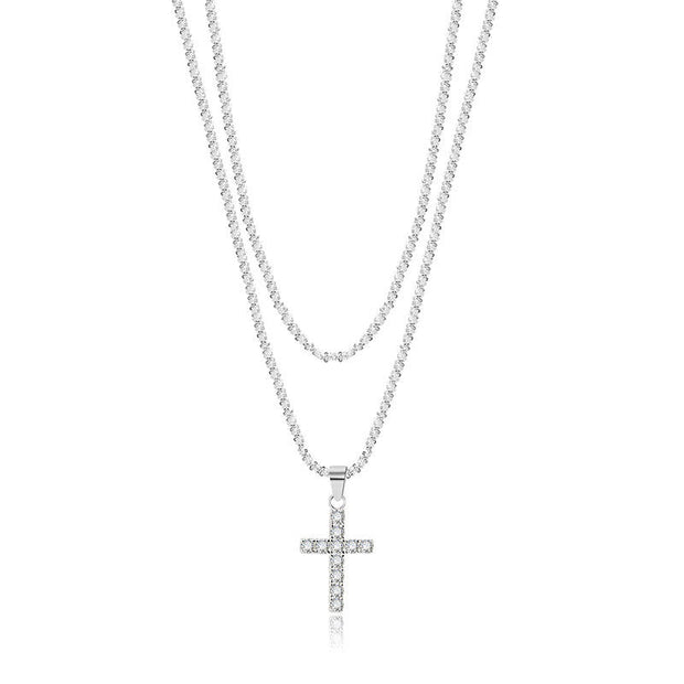 Sterling Silver Cross Pendant Double-Layered Necklace – Fine Jewelry for Women