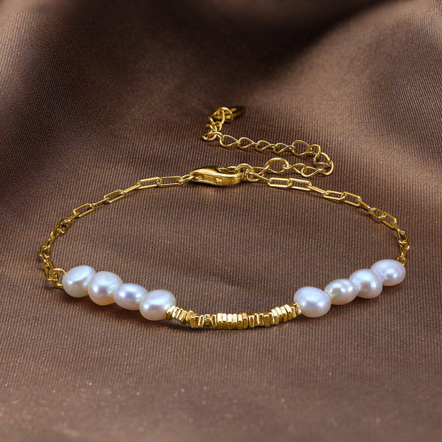 Sterling Silver Gold Chain Bracelet with Freshwater Pearls and Beads, Minimalist Style