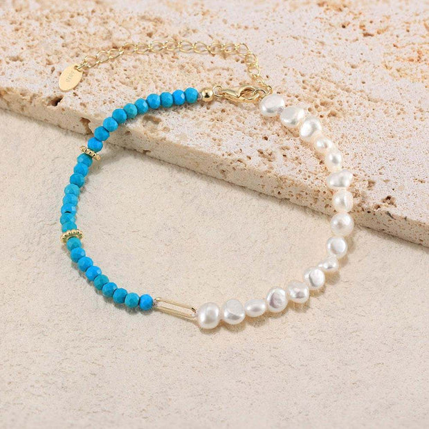 925 Sterling Silver Bracelet with Natural Freshwater Pearl and Turquoise Stone