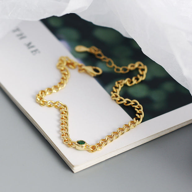 925 Sterling Silver Gold Plated Curb Chain Bracelet – Fashion Jewelry with Emerald Green Zircon