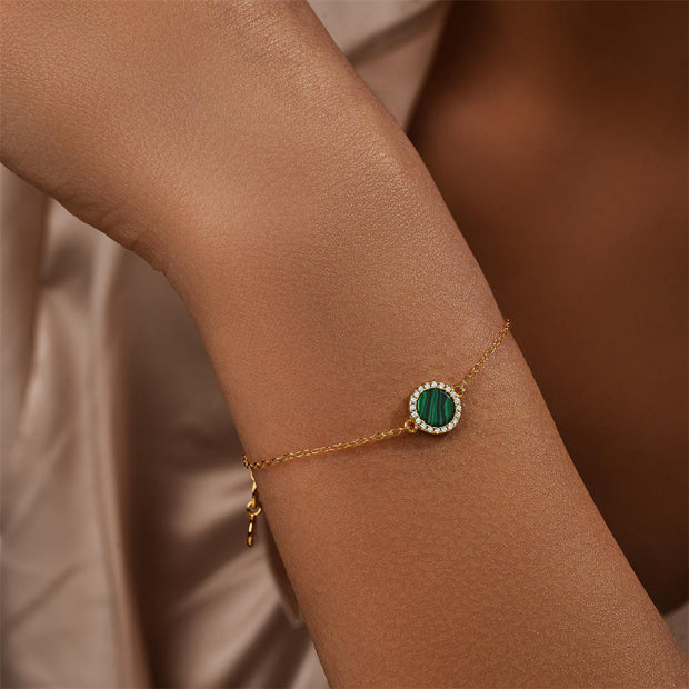 Sterling Silver Friendship Bracelet, 925 Silver with Round Malachite & Zircon Accents