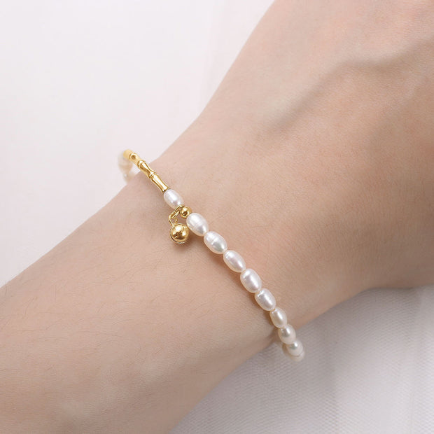 925 Sterling Silver Natural Freshwater Pearl Bracelet with Little Bell